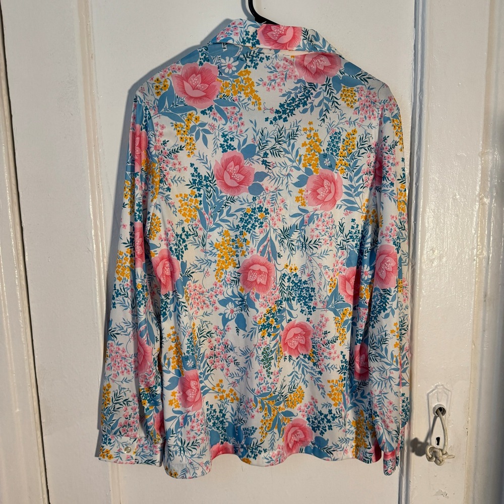 Vtg 70s Prairie Romance Floral Top Buttons Vibrant Pastel Dopamine Maximalist M - Picture 9 of 11